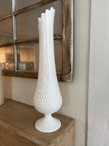 Fenton White Hobnail Milk Glass 17" Swung Vase