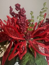 8 Pc Artificial Poinsettia Red Velvet Pick Christmas Flowers Holly Berries Spray