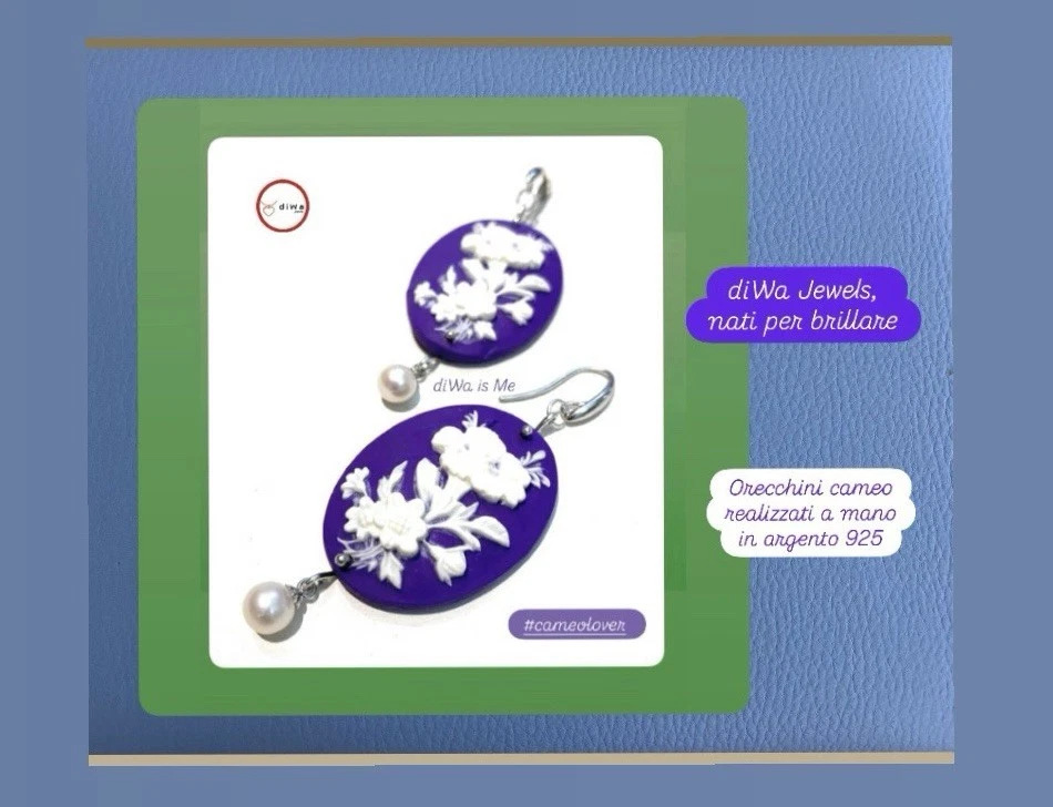 Orecchini Cameo Viola Argento Pendente Perla - Immagine 4 di 4