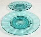 Set of 2 Art Deco Starburst Teal Blue Depression Glass Salad Dessert Plates 6"