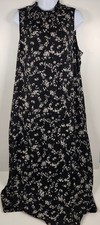 J Jill Size L Black Floral Ruffle Sleeveless Maxi Dress Smocked Neckline
