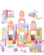 Vigorfun 110 PCS Wooden Building Blocks Set - Construction Stacking Toy with Sto