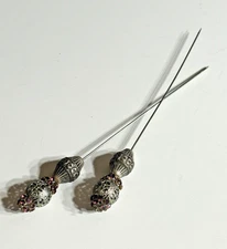 Set of 2 Vintage Fancy Hat Pins, Stick Pins, Silver Filigree & Purple Rhinestone