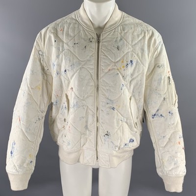 JOHN ELLIOTT Bomberjacke Baumwolle mit Paint Splatter Muster Weiß Navy, Größe XL