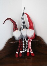 17  Shelf Sitting Plush Gnome, Buffalo Plaid or Polka Dot Hat, Check Fabric Legs