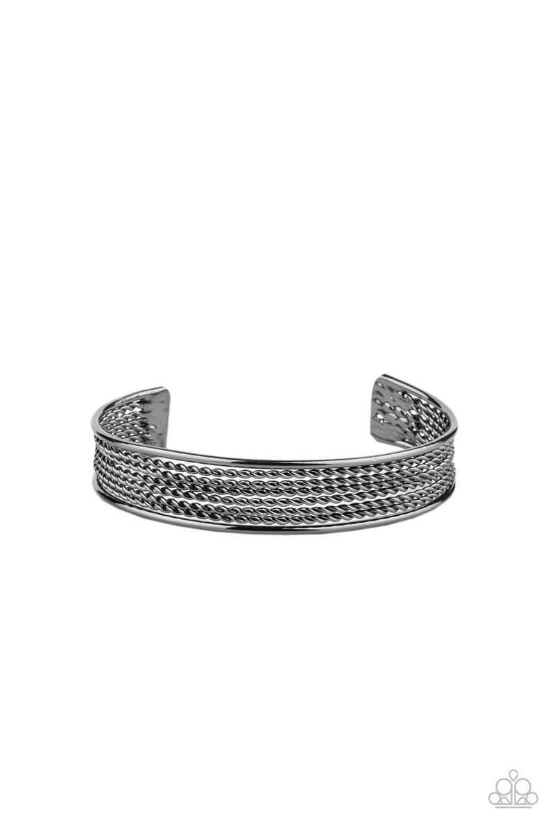 PAPARAZZI RISK TAKING TEXTURE BLACK TWISTED GUNMETAL CUFF BRACELET