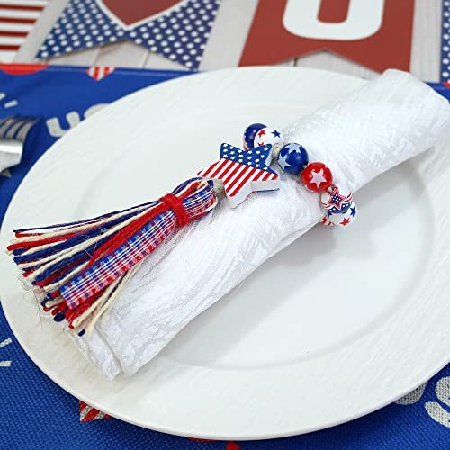 6PCS Patriotic Napkin Rings 4th of July Napkin Rings Holders Wood Beads - Bild 4 von 6