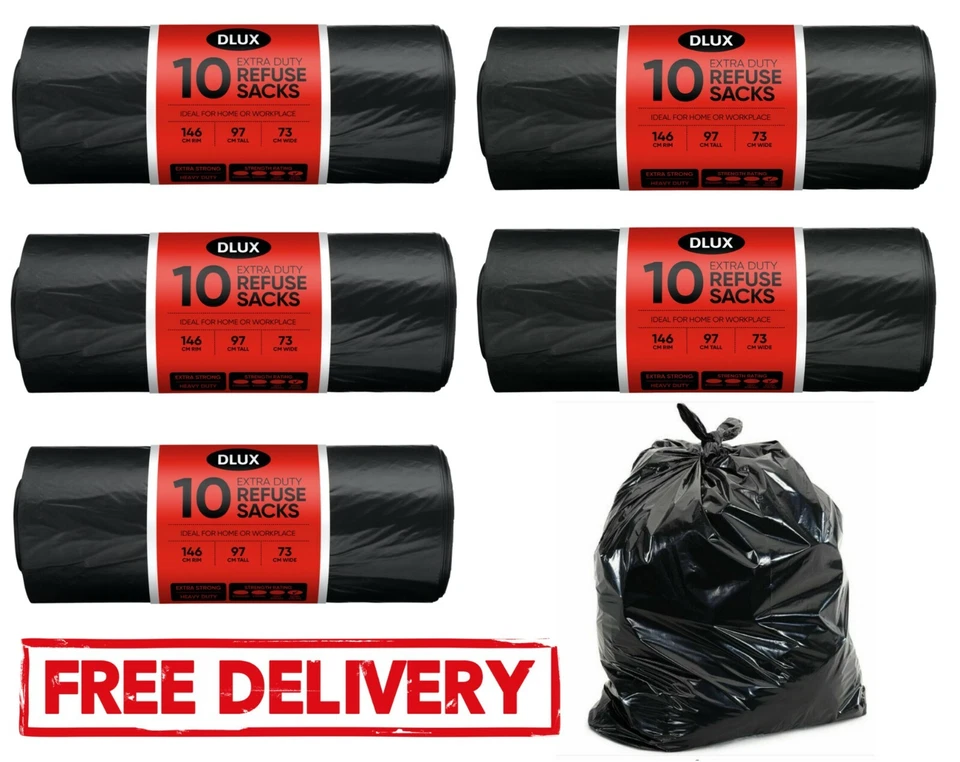 DLUX 50 x BLACK BIN BAGS EXTRA STRONG HEAVY DUTY LINERS RUBBISH WASTE REFUSE SACKS