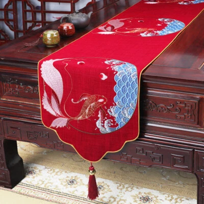 1X Chinesisch Tischläufer Fisch Druck Quaste Tischdecke Hochzeit Zuhause Dekor - Bild 1 von 4
