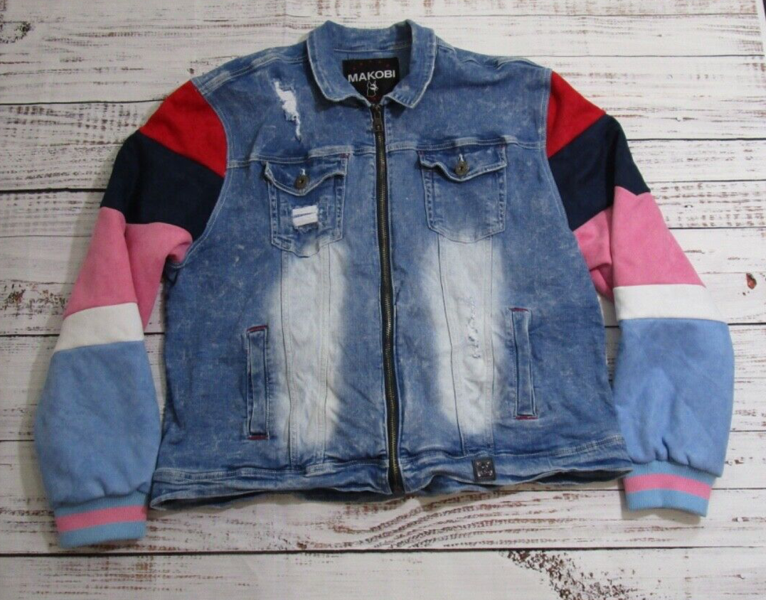 Makobi Ultra Suede Sleeves Blue Distressed Denim Jean Jacket Mens 