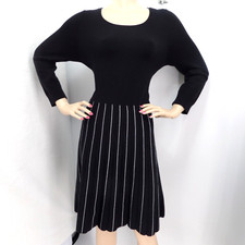 LOFT BLACK 3/4 SLEEVES KNIT STRIPED PLEATED A-LINE SWEATER DRESS SIZE: L NWT
