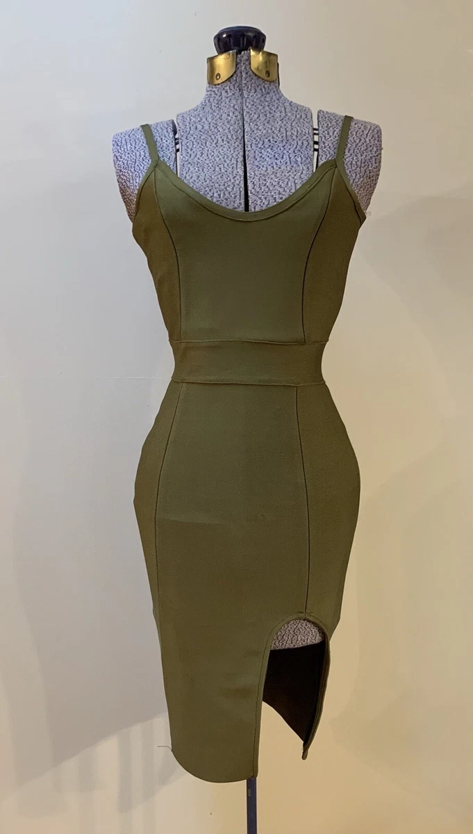 Akira Black Label Olive Green Bodycon Dress Medium Kardashian Kylie Jenner Style