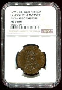 1792-GREAT-BRITAIN-Lancashire-1-2-Penny-Lancaster-D-amp-H-29B-NGC-MS64-BN