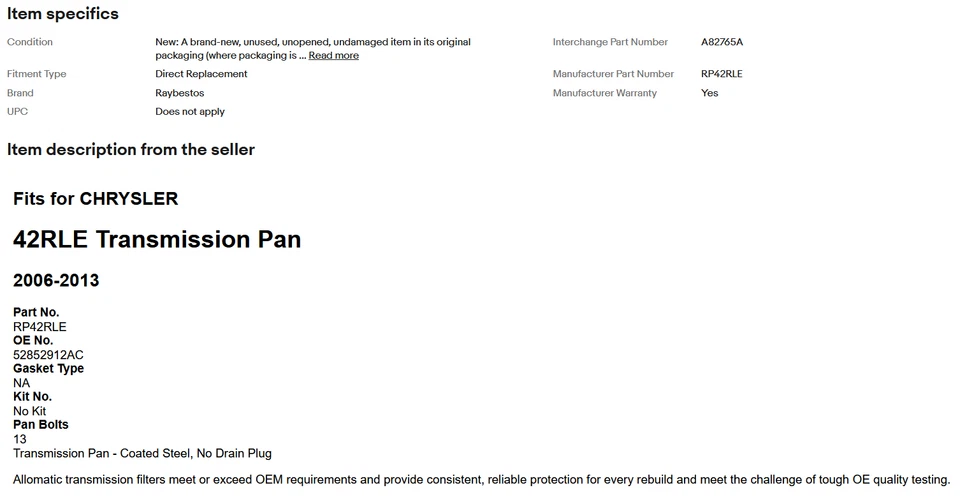 42RLE Transmission Oil Pan 2006-2013 fits Dodge Chrysler No Drain Plug Style — 第 3/3 张图片