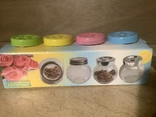 FAMILY MAID 4 PIECE GLASS STORAGE CONTAINERS MULTICOLOR PLASTIC FLOWER LIDS 