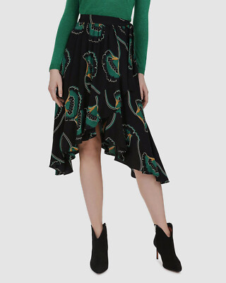 $265 BA&SH Womens Black Green Lena Gingko Wrap High-Low Flowy Midi Skirt Size XS