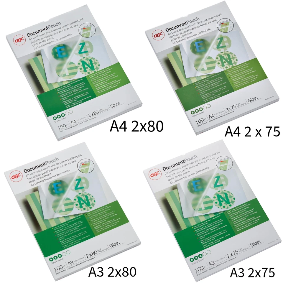 GBC Laminierbeutel alle Größen A3/A4 Mikron Glanz, 100er-Pack