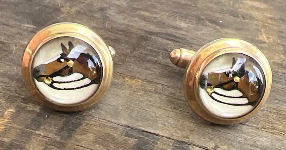 Gemelos de relleno dorado HAYWARD pintura inversa caballo vidrio 1/20 12K GF joyería Foto 3 de 4