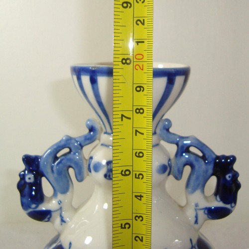 Vintage Russian Gzhel Hand Painted Blue & White Vase with Rooster Handles - Picture 7 of 7