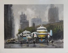 Original Sci Fi Painting UAP UFO Drones Landing City Scene Acrylic/Canvasboard