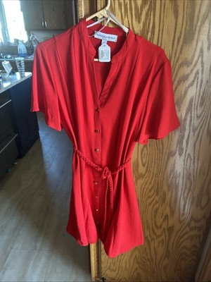 Emma And Michele Dress Red Knee Length Button Down With Braided Belt Size M NWT