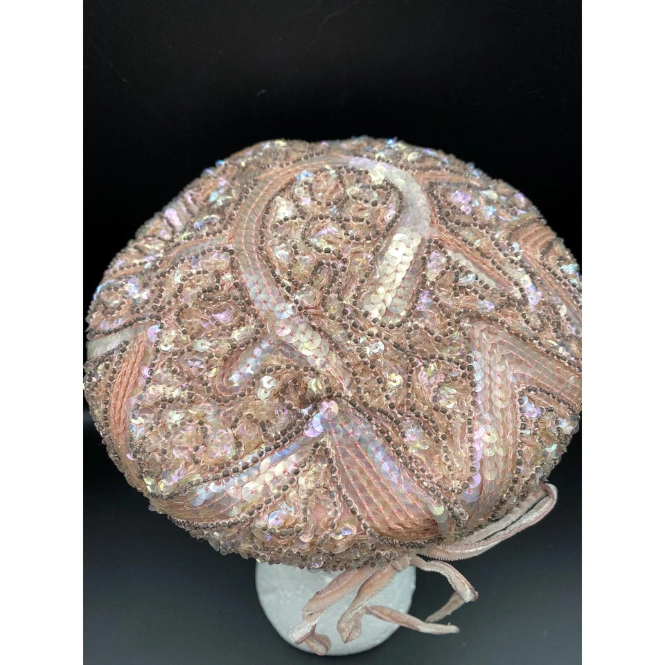 De colección 1940s 1950s Rosa Cuentas Lentejuelas Terciopelo Lana Sombrero Gorra Boina Deauville Foto 4 de 4
