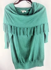 Studio Works Women’s Green Shimmer Sweater with shawl Collar And Fringe Sz 2X