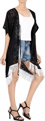 LA LEELA Women's One Size Kimono Cardigan Duster Open Front US 14-18W Black_N860 - Picture 2 of 3