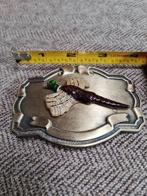 Vintage Green Ring Necked Flying Pheasant Belt Buckle Gold Nature Colorful Bird