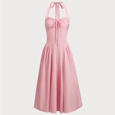 Berlook Pink Ruched Halter Midi Dress