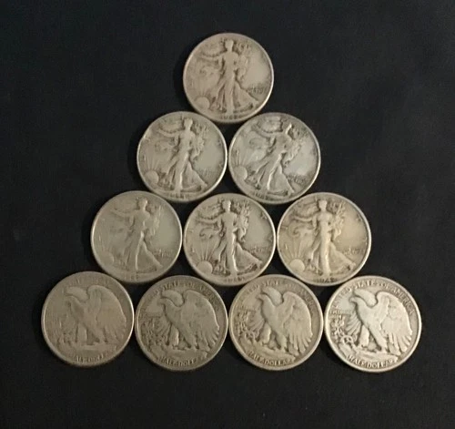 walking liberty half dollar roll, 10 coins in good condition