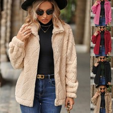 Ladies Fleece Fur Cardigan Jacket Outwear Warm Teddy Bear Fluffy Zip Up Coat Top