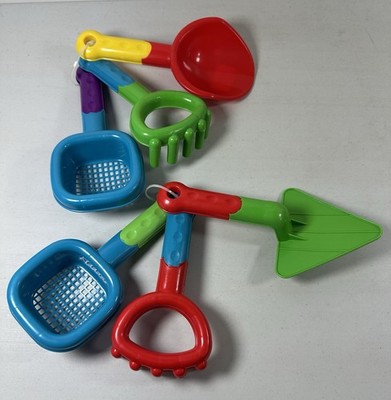Beach Fun 6pc Blue Red Green Toy Sand Garden Sifter Rake Shovel Triangle Fun Fun
