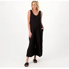 Cuddl Duds Jumpsuit sz M Wide Leg Flexwear V Neck Black A587647