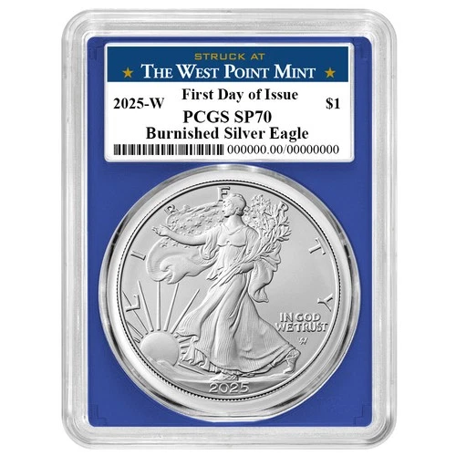 2025-W Burnished $1 American Silver Eagle PCGS SP70 FDOI West Point Label Blue
