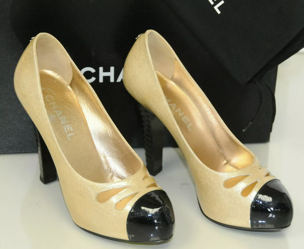 Chanel Beige & Black Leather CC Cap Toe Mules 10