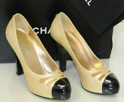 New Chanel Beige Black Patent Leather Glitter Platform Heels Pumps