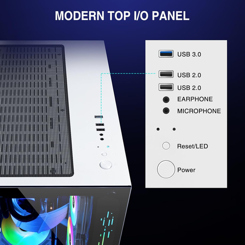 ATX Gaming PC Case, 270° Full View Tempered Glass, 360MM RAD Support, Mid Tower - Picture 6 of 8