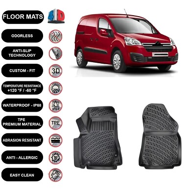 Floor Mats Liner Fits Citroen Berlingo Panelvan (2009-2018) 4D Molded Black 2pcs