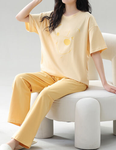 Cotton Women Pajama Set 2 Pcs Short Sleeve Pullover Top Sleepwear Long PJ Pants - Picture 7 of 8