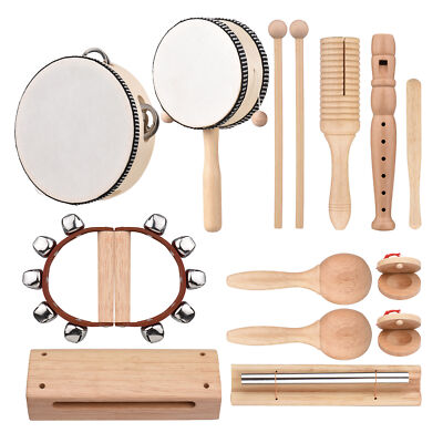 13pcs Kids Wooden Percussion Instrument Toy Tambourine Chime Bar Maracas N2B2