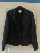 Speigel Women’s Black Pinstripe Pants Suit Size 14 One Button Jacket