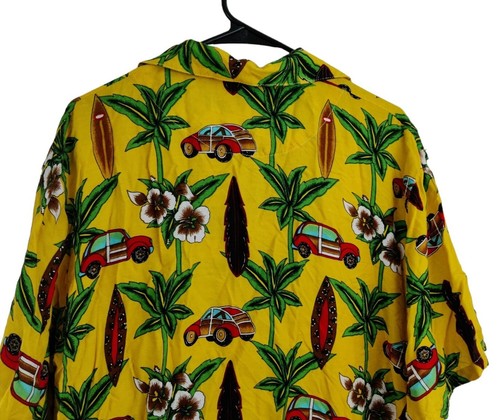Basix Yellow Hawaiian Shirt Men Button Up Red Car Bug Sz M - Picture 4 of 12