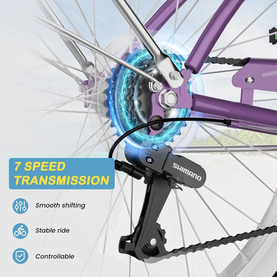 NAIZEA Beach Cruiser Bike -7 Speed Commuter Bicycle for Adult Men Women 24/26 in - Image 3 of 4