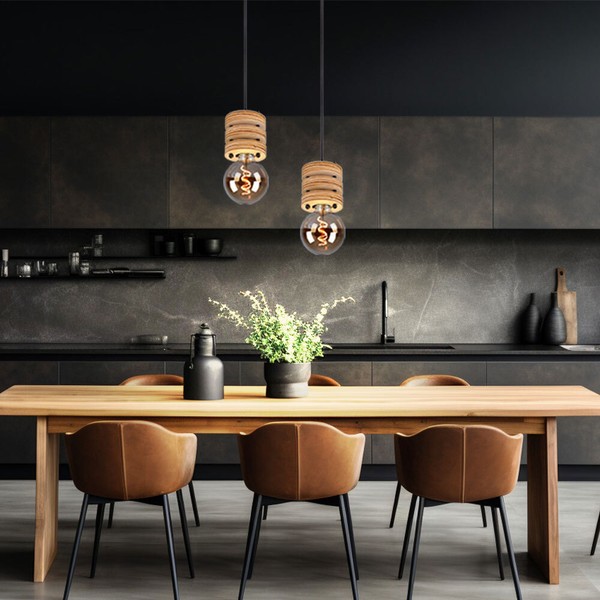 HäNgeleuchte Pendellampe KüChenlampe Holz Esszimmerleuchte Braun Retro 2Er Set-image