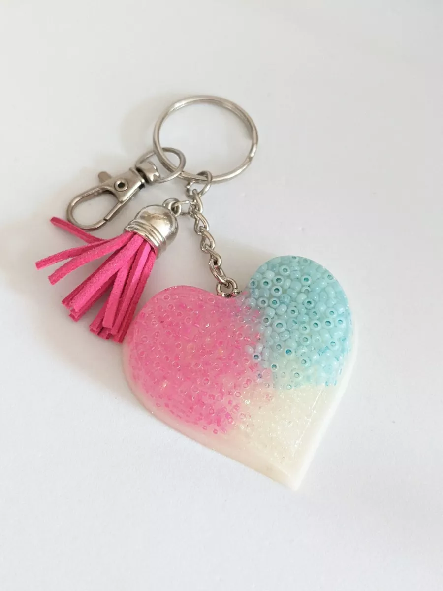 Handmade Large Pink Blue Heart Shaped Epoxy Resin Keyring