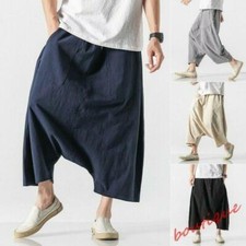 Summer Men's Cotton Linen Casual Shorts Drop-crotch Wide Leg Short Pants Outdoor