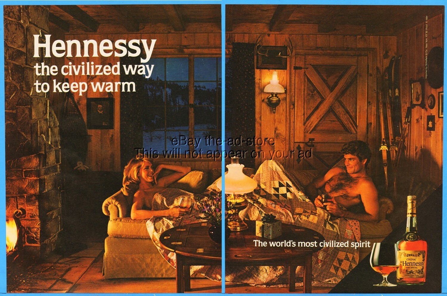 1984 Hennessy Cognac Ski Cabin Naked Couple Blanket Couch Fire 1980s Photo Ad