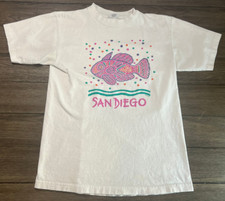 Vintage San Diego Dijon Bleu Fish White SS T Shirt Size M Single Stitch USA Made