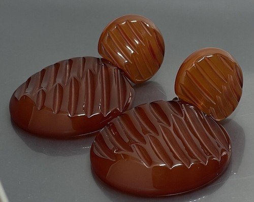 Chunky Thick Bold Statement Long Orange Carved Bakelite? Clip On Earrings 2.5” - Picture 3 of 11
